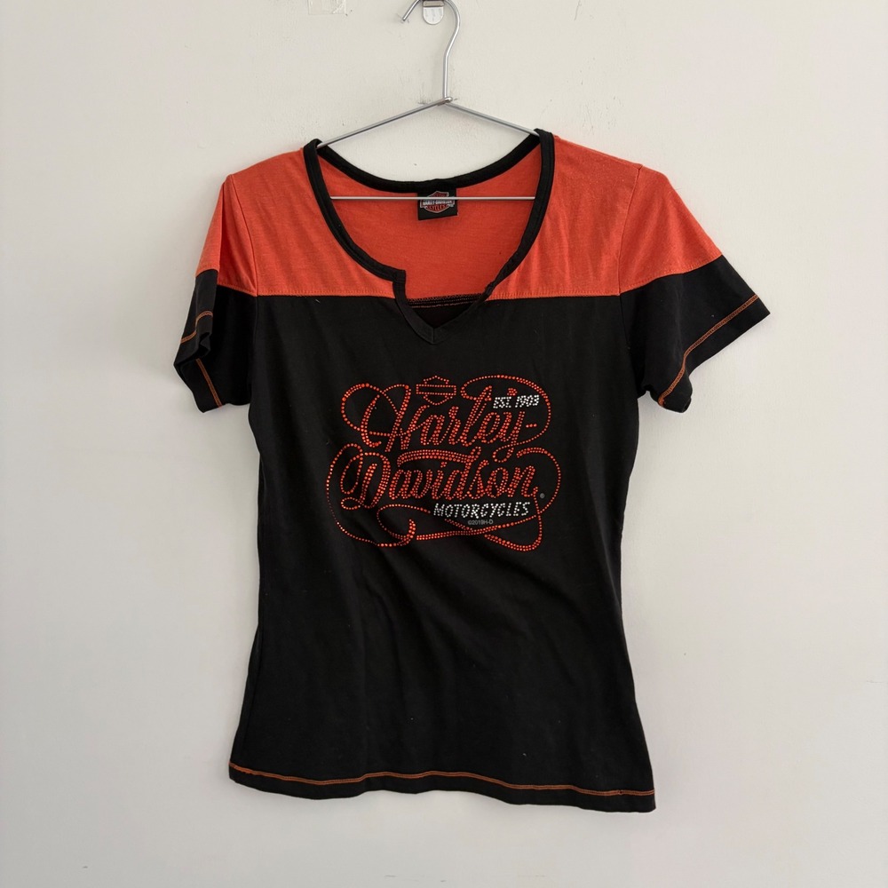 Harley Davidson Bluegrass Louisville KY T-Shirt Black Orange Womens Small